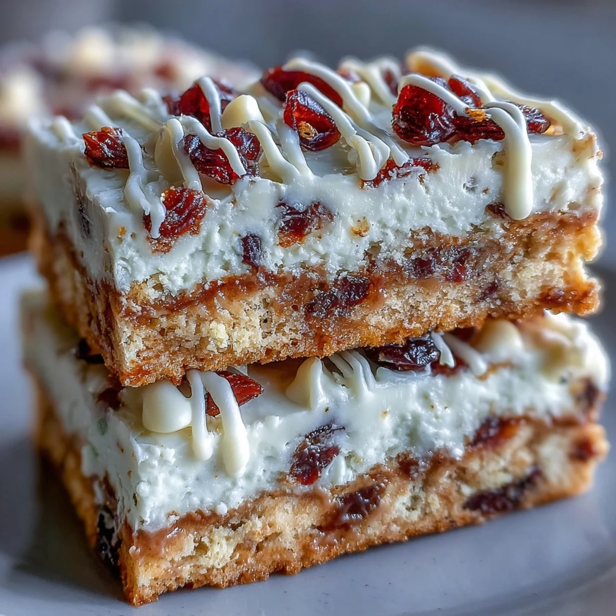 Decadent Cranberry Bliss Bars plated for a holiday dessert spread, featuring buttery base and white chocolate drizzle.