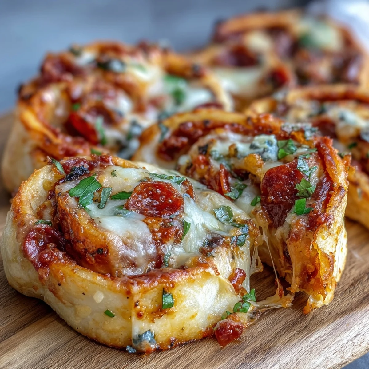 Oven-baked Tortilla Pizza Rolls display melted mozzarella, pepperoni, and peppers on a serving plate.