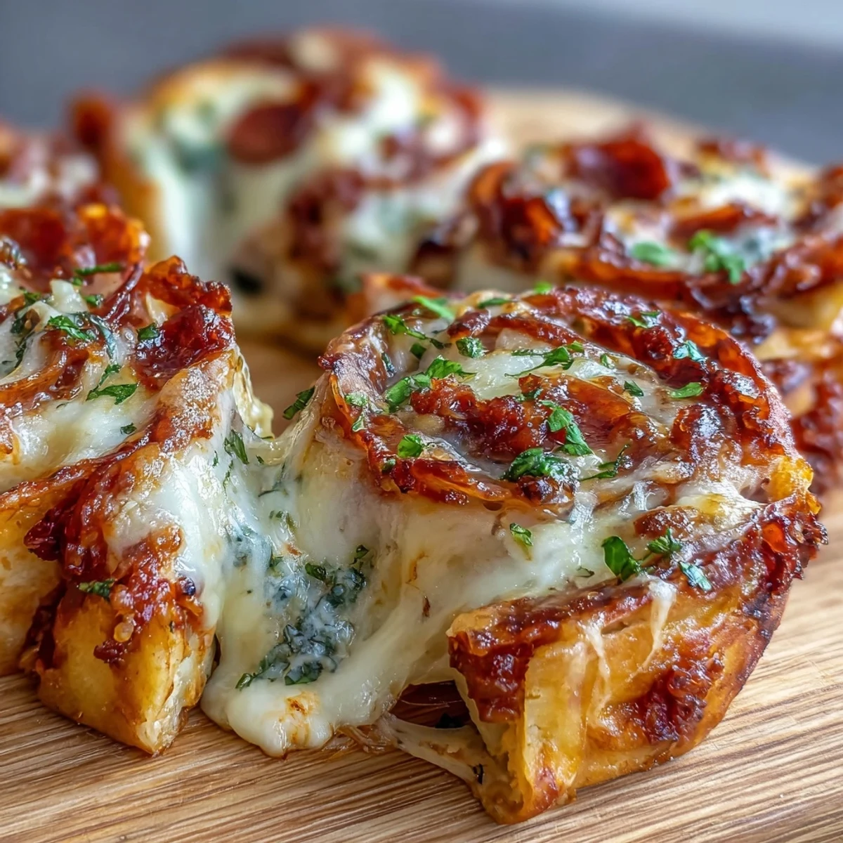 A hand lifts a golden Tortilla Pizza Roll, showing a gooey mozzarella cheese pull.