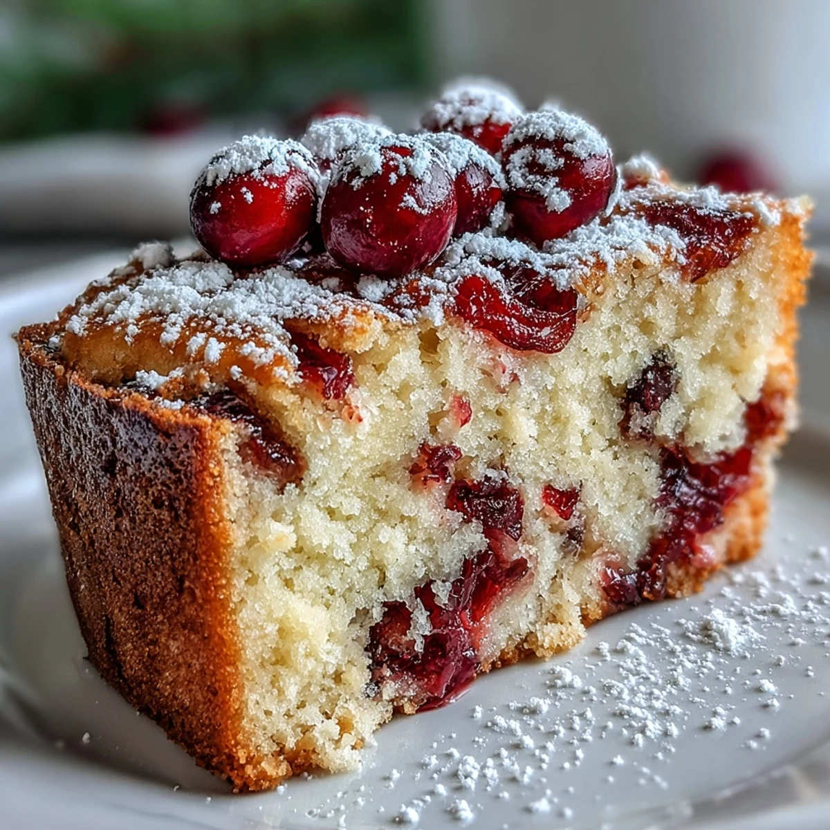 Freshly baked Cranberry Orange Breakfast Cake with a tender crumb, bright orange zest, and tart cranberry bursts, dusted with powdered sugar on a cooling rack.