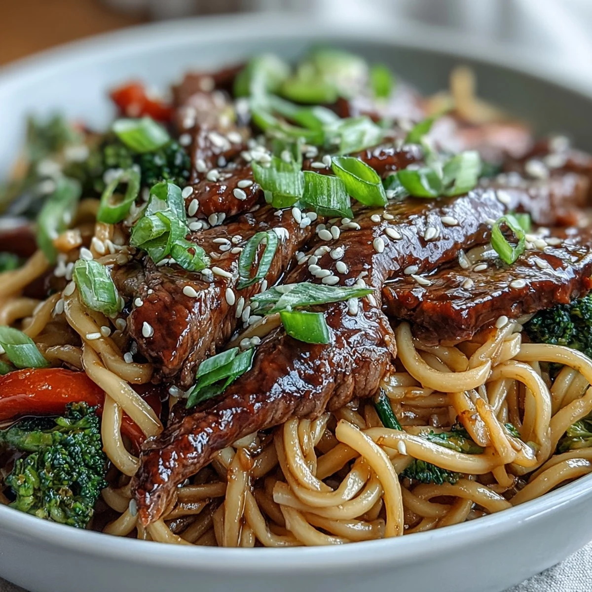 Fork-tender flank steak and colorful veggies in a glossy sauce are tossed with silky rice noodles for Korean Beef Noodles.