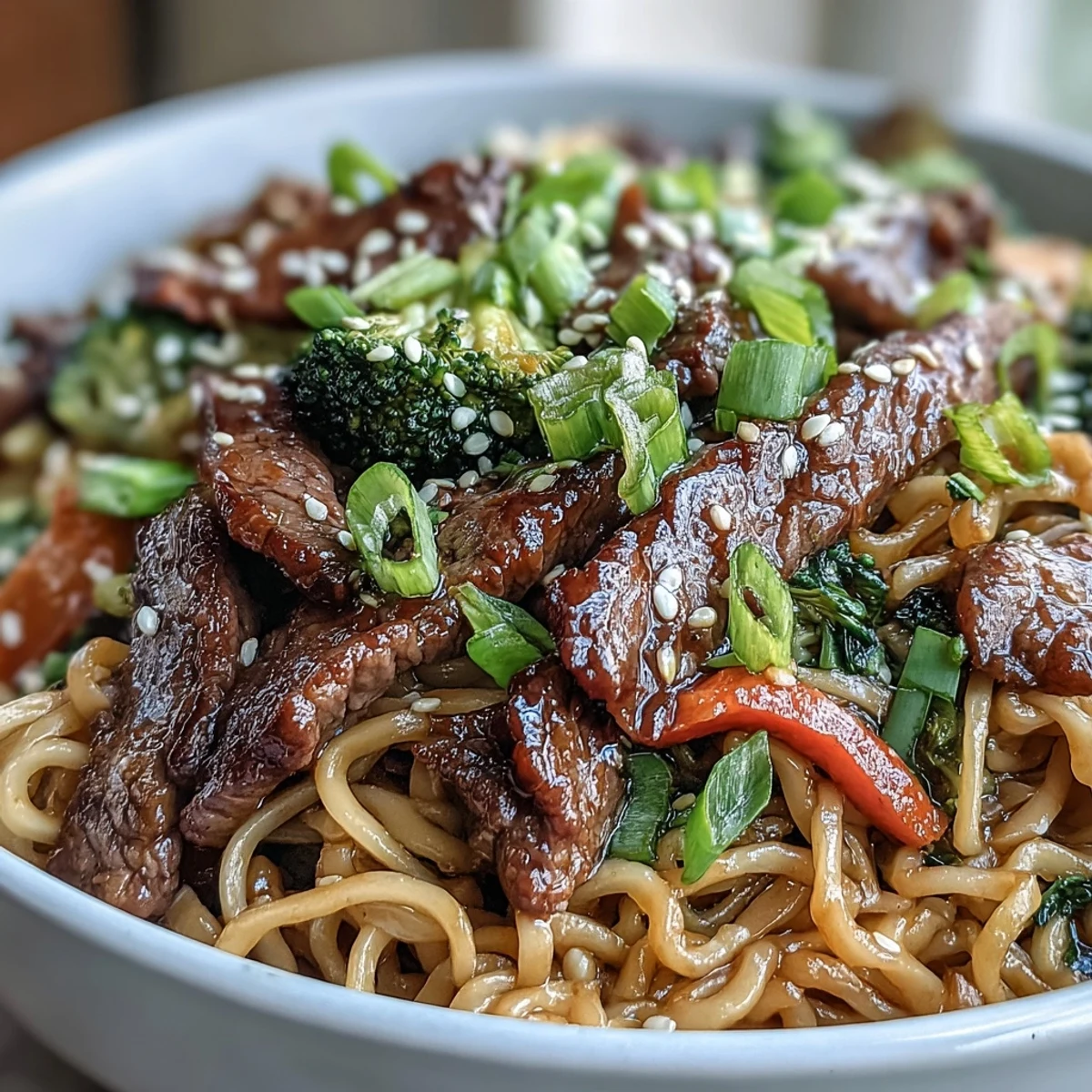 A steaming bowl of Korean Beef Noodles topped with sesame seeds and green onions sits ready for dinner.