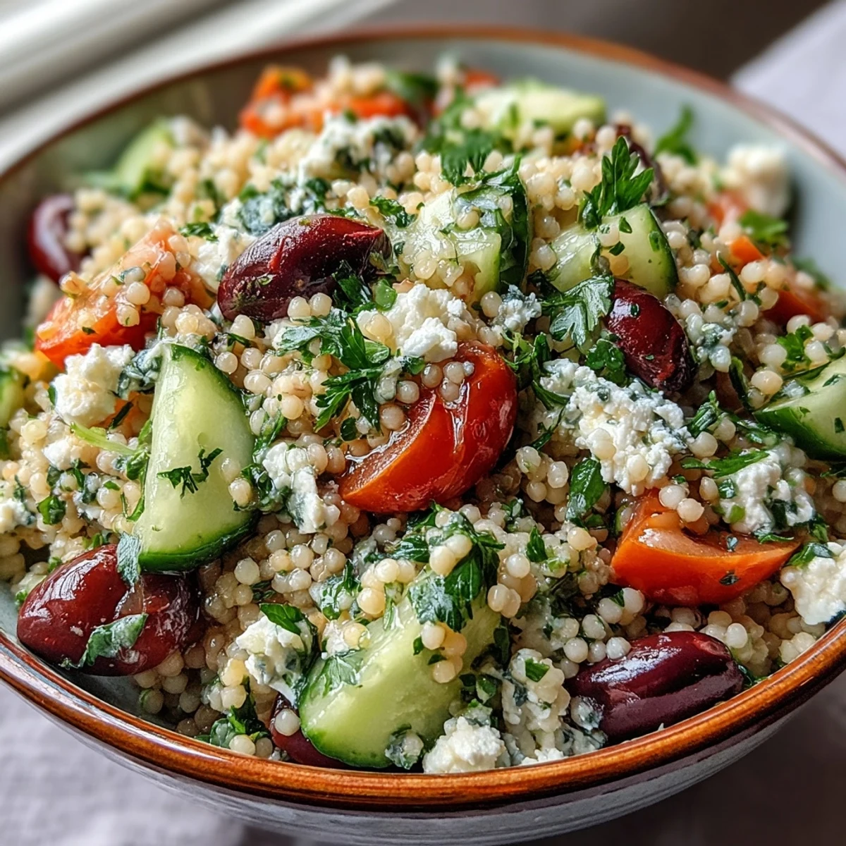 Fresh Mediterranean Pearl Couscous salad with feta, crunchy cucumbers, and sweet bell peppers served in a white bowl.