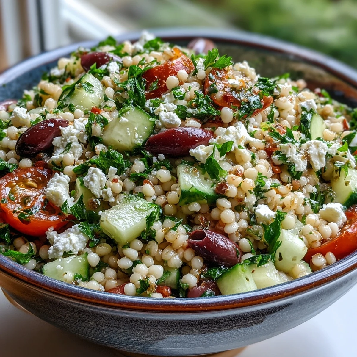 Close-up of Mediterranean Pearl Couscous with crumbled feta, red onion, and vibrant vegetables on a rustic wooden table.