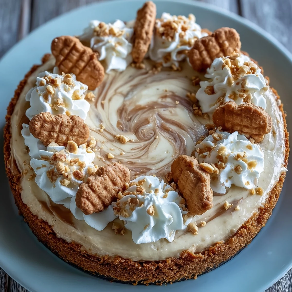 A whole Nutter Butter cheesecake topped with whipped cream and chopped peanuts on a marble counter.