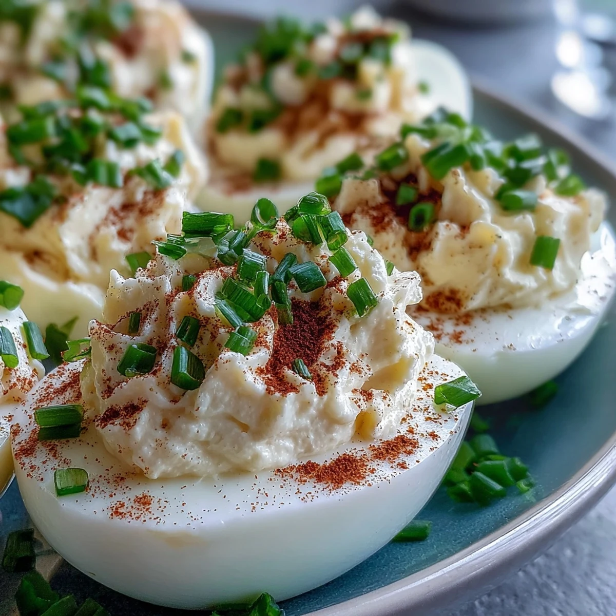 Million Dollar Deviled Eggs garnished with paprika and fresh chives on a white serving platter.