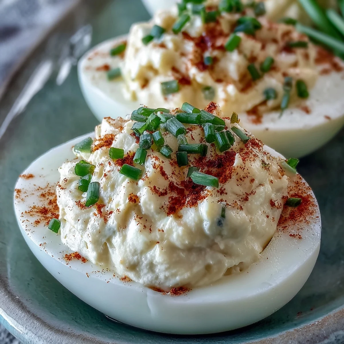 Close-up of Million Dollar Deviled Eggs featuring smooth filling and a sprinkle of paprika.