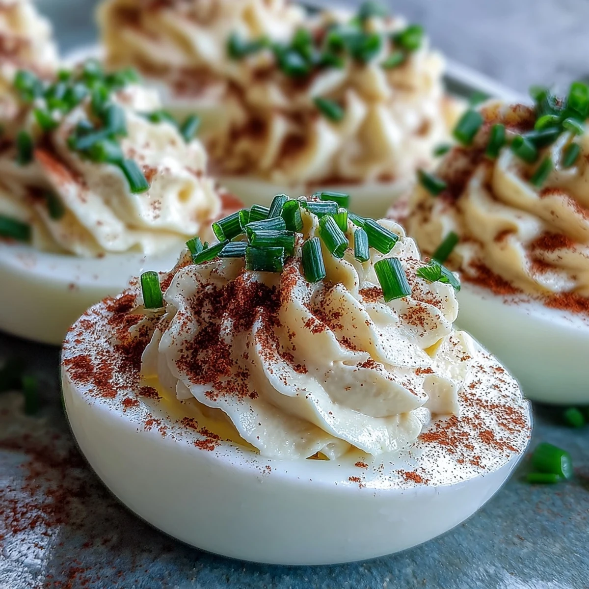Freshly prepared Million Dollar Deviled Eggs with creamy yolk filling and halved egg whites.