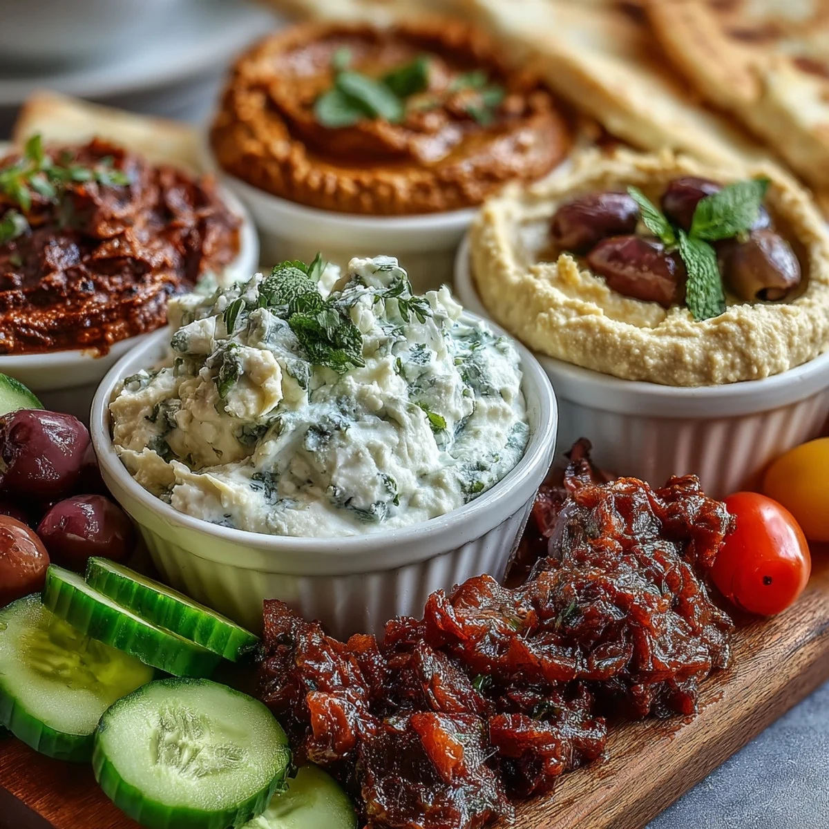 A shareable Mediterranean Brunch Board with Dips and Flatbreads, loaded with olives, feta, cucumbers, tomatoes, and warm pita.