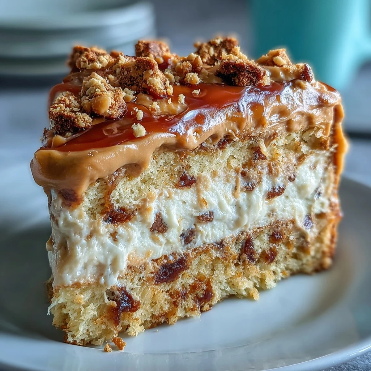 A close-up of Decadent Baked Biscoff Cake with Creamy Lotus Frosting, featuring textured frosting and Biscoff crumbs on top.