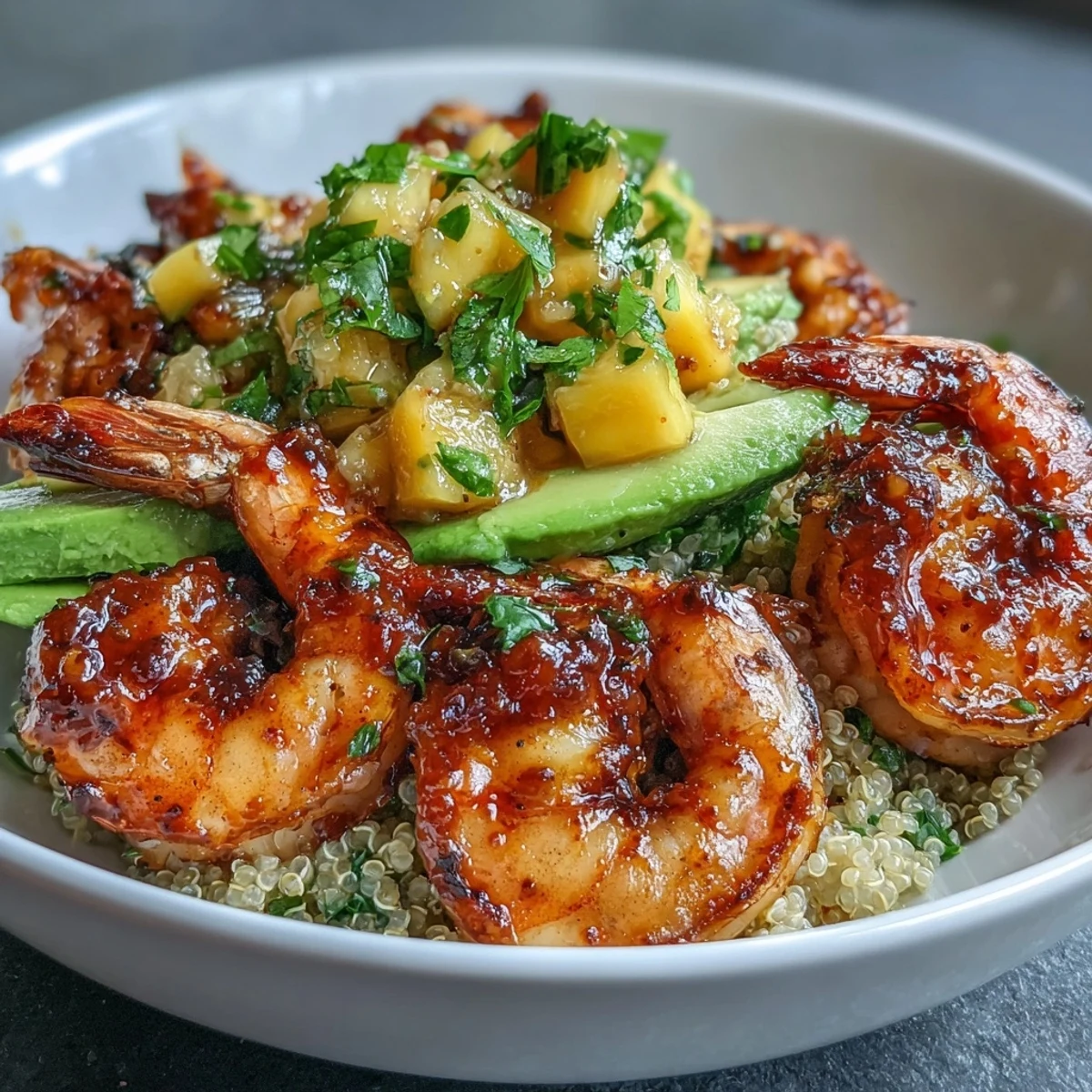Grilled shrimp in creamy avocado and quinoa bowls topped with fresh mango salsa and drizzled with lime chili sauce.