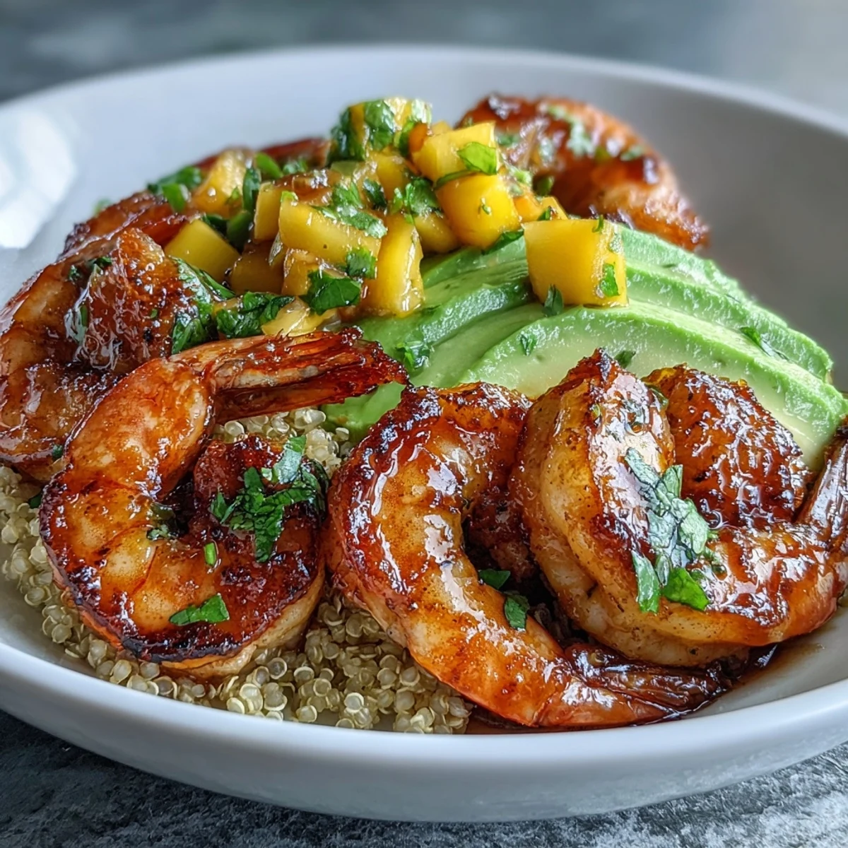 Smoky grilled shrimp, creamy avocado, and vibrant mango salsa in these gluten-free bowls drizzled with tangy lime chili sauce.
