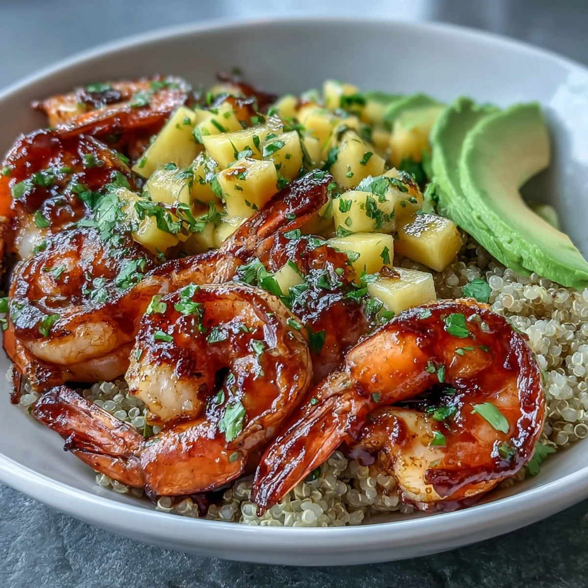 Fresh shrimp and creamy avocado bowls with zesty mango salsa and lime chili sauce served over fluffy quinoa.