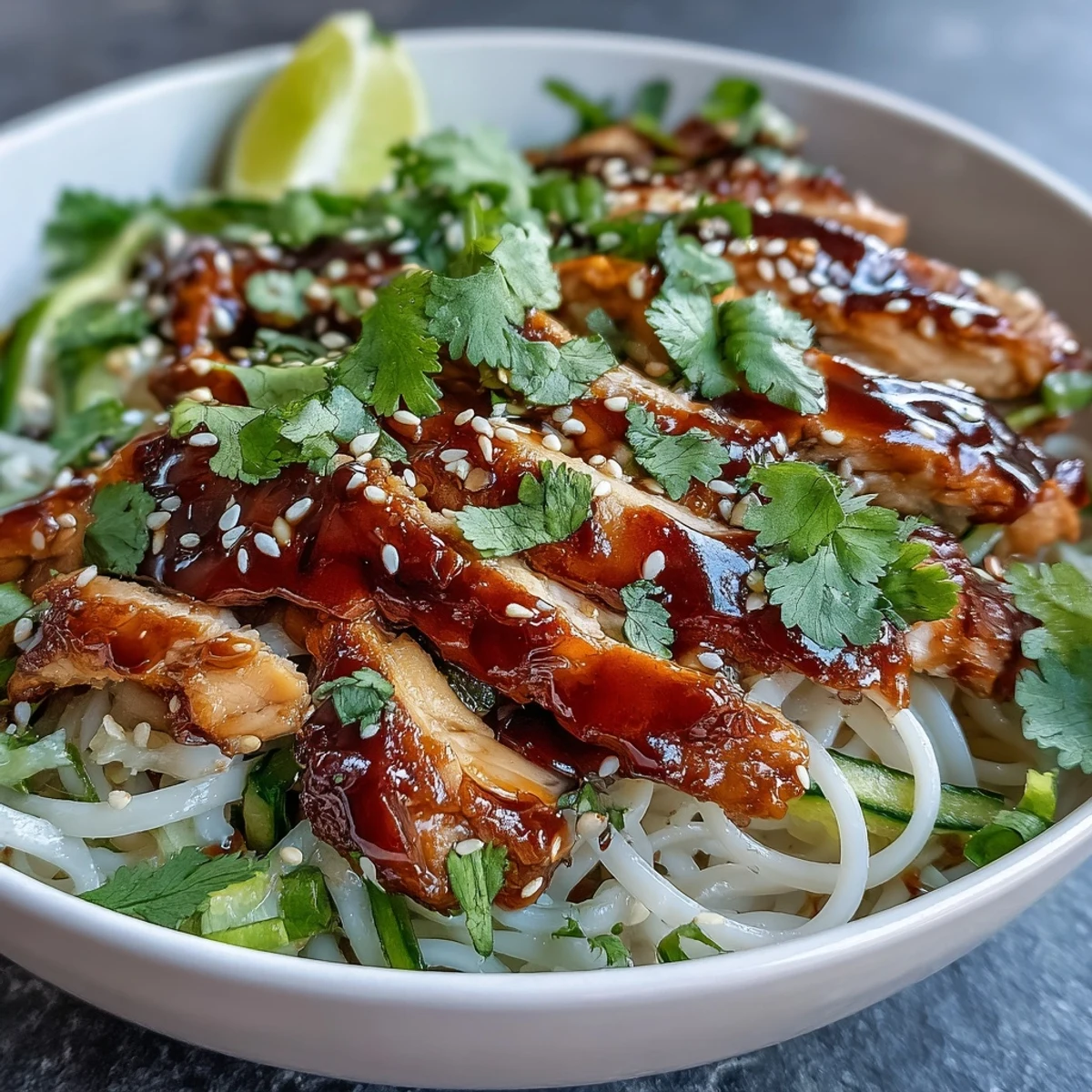 Fork-tender Asian Chicken Noodle Bowl with fresh veggies and a savory-sweet glaze.