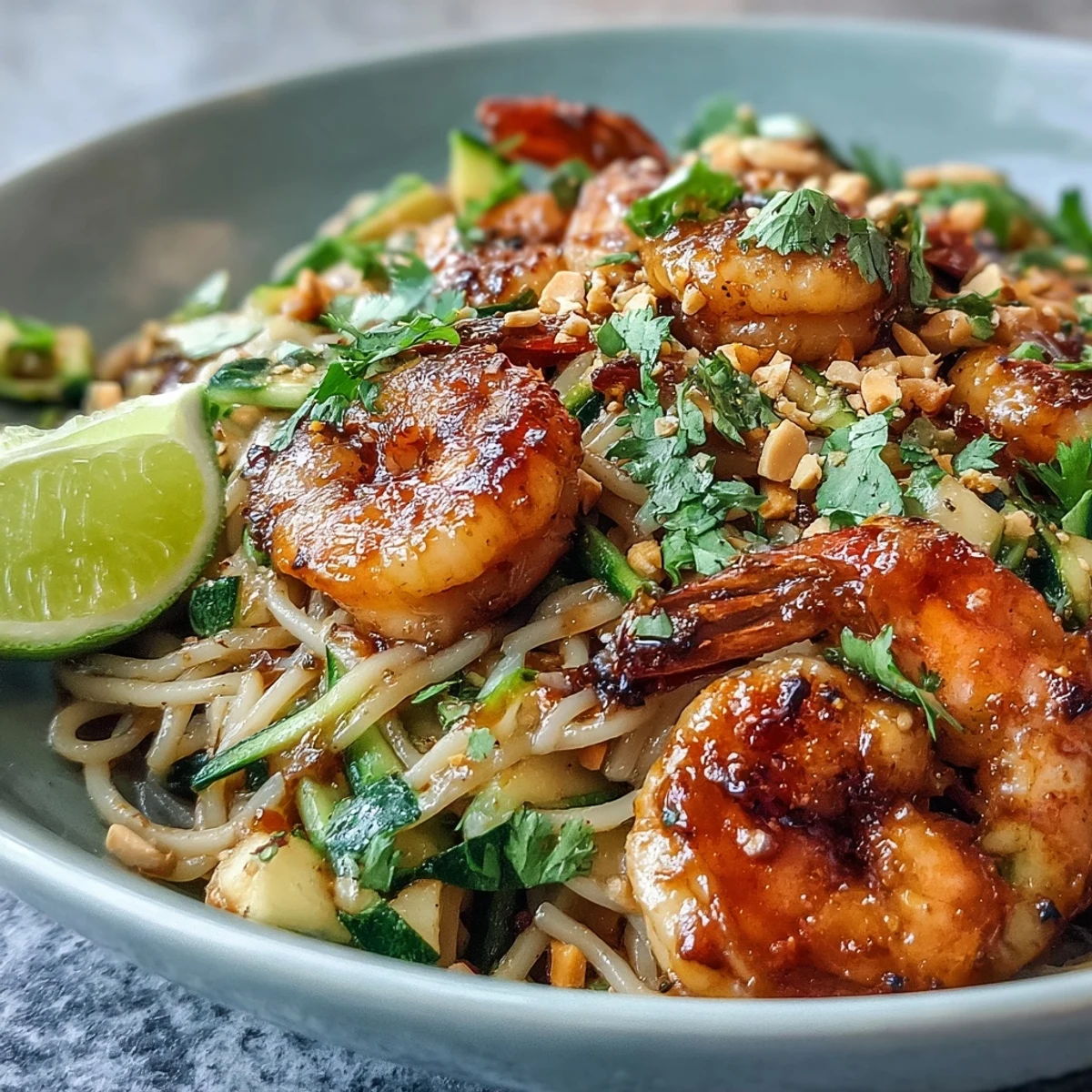 Freshly cooked rice noodles tossed with plump shrimp, zucchini, and carrots in a zesty soy-lime sauce.