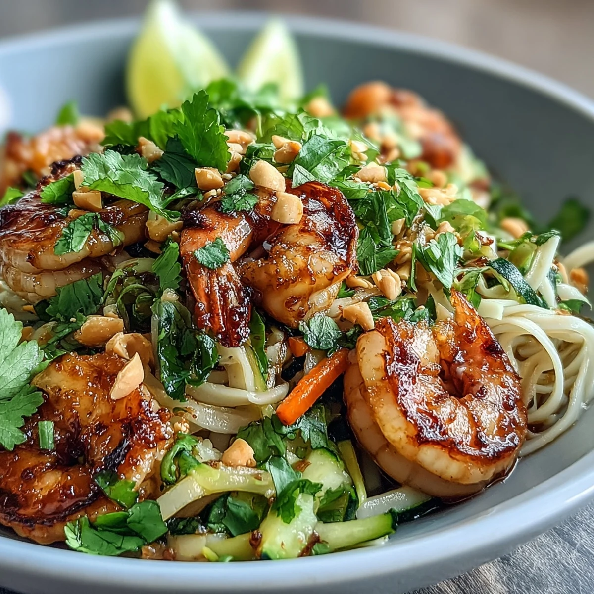 A close-up of a colorful Asian Noodle Bowl garnished with chopped peanuts and cilantro.