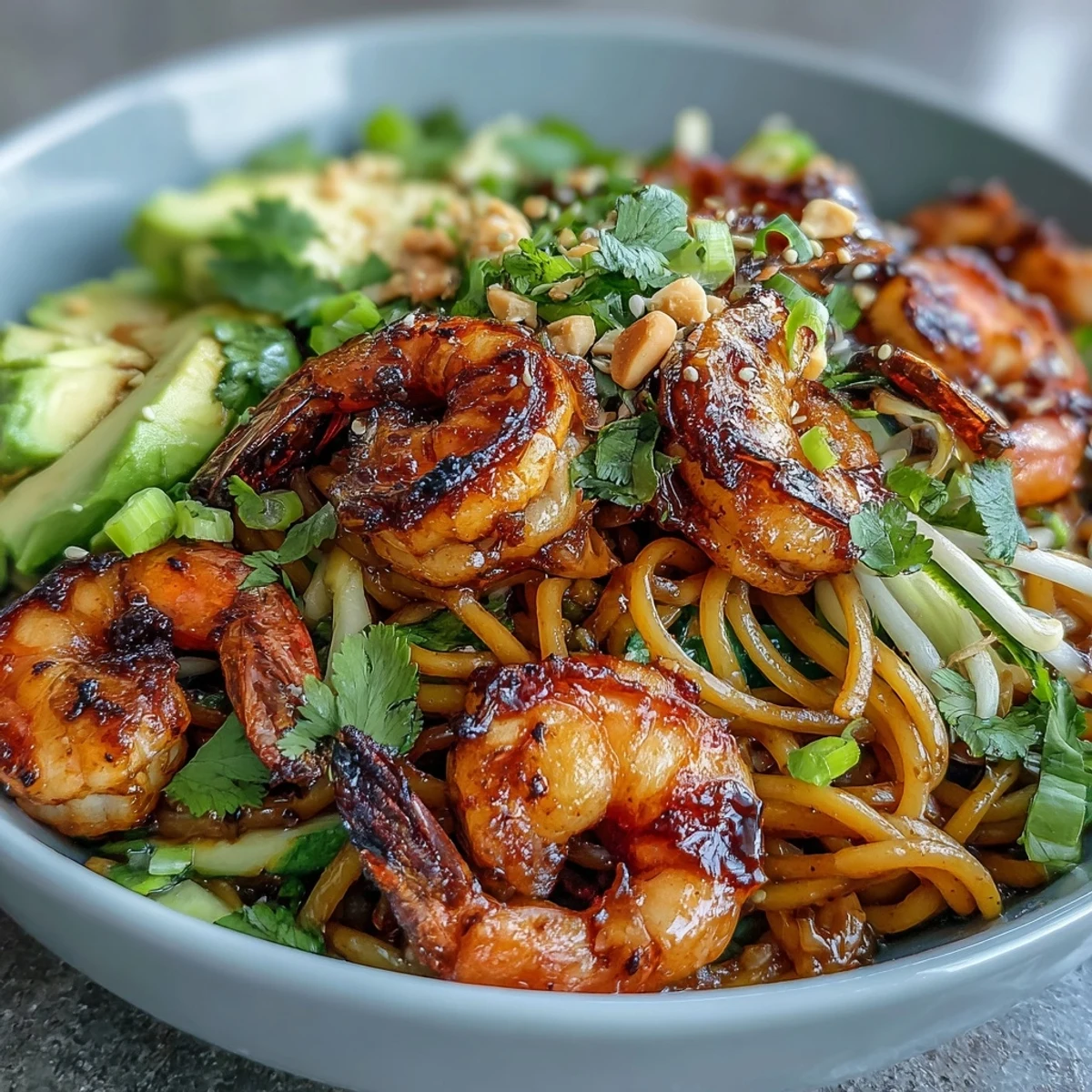 Vibrant Grilled Shrimp Asian Noodle Bowl features smoky shrimp, sesame noodles, crisp cucumber, and creamy avocado, garnished with peanuts and scallions.