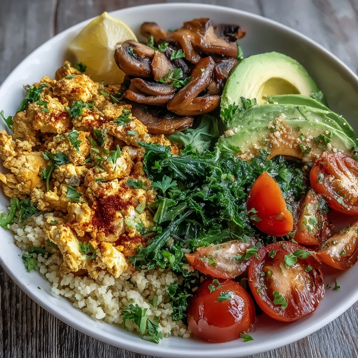 Golden scrambled tofu, sautéed mushrooms, and kale served over fluffy whole wheat couscous with fresh avocado and lemon.