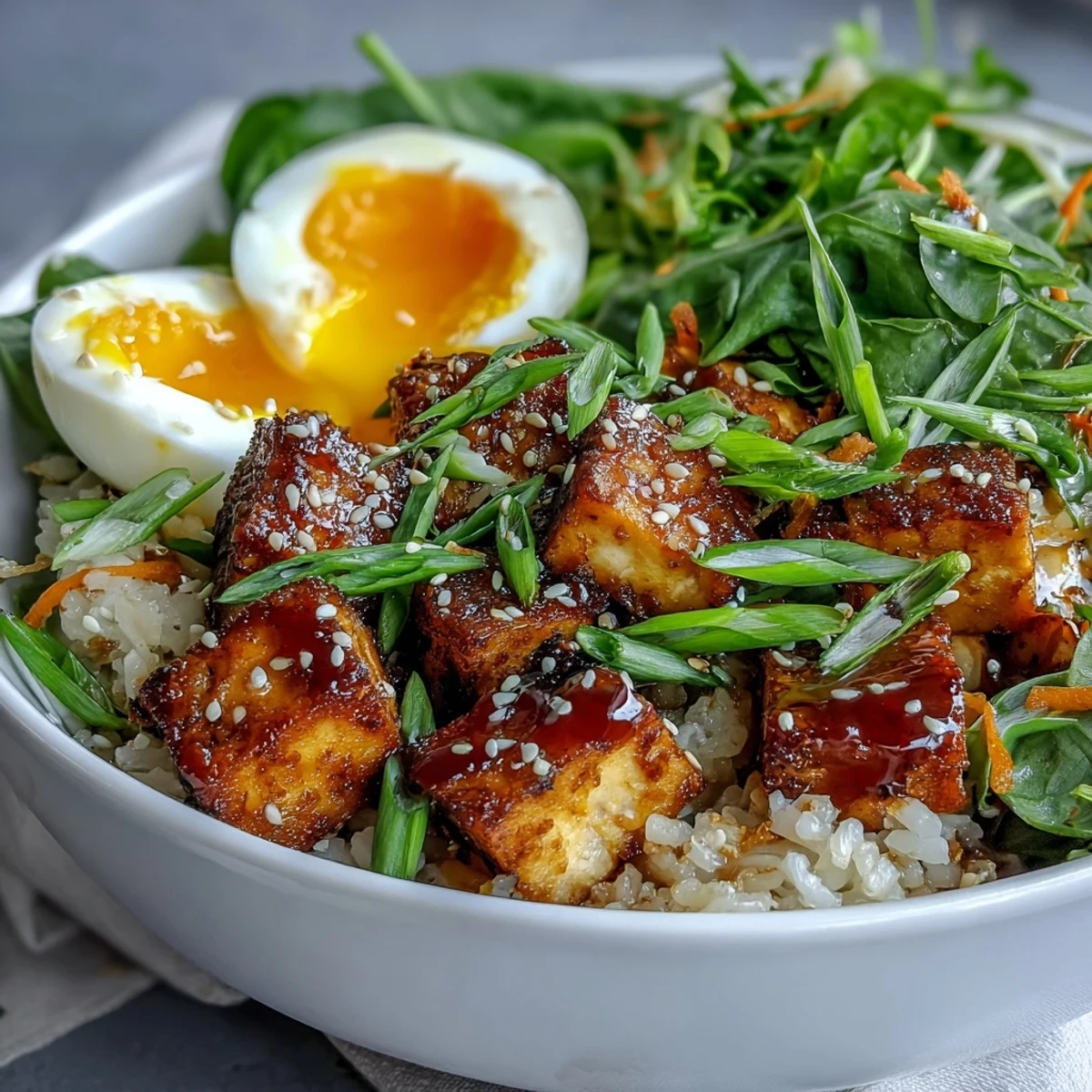 Golden tofu cubes and halved jammy eggs rest on warm jasmine rice with fresh greens, drizzled with ginger scallion sauce.