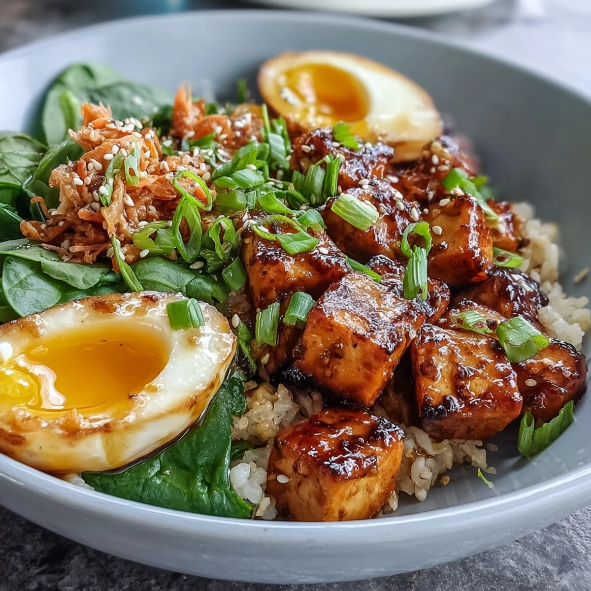 A vibrant overhead view shows sliced cucumber, julienned carrot, and toasted sesame seeds on this Asian-inspired breakfast bowl.