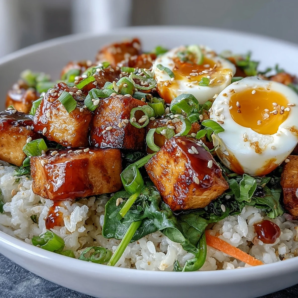 Close-up of the Tofu Jammy Egg Breakfast Bowl highlighting seasoned tofu, soft-boiled eggs, and fresh cilantro garnish.