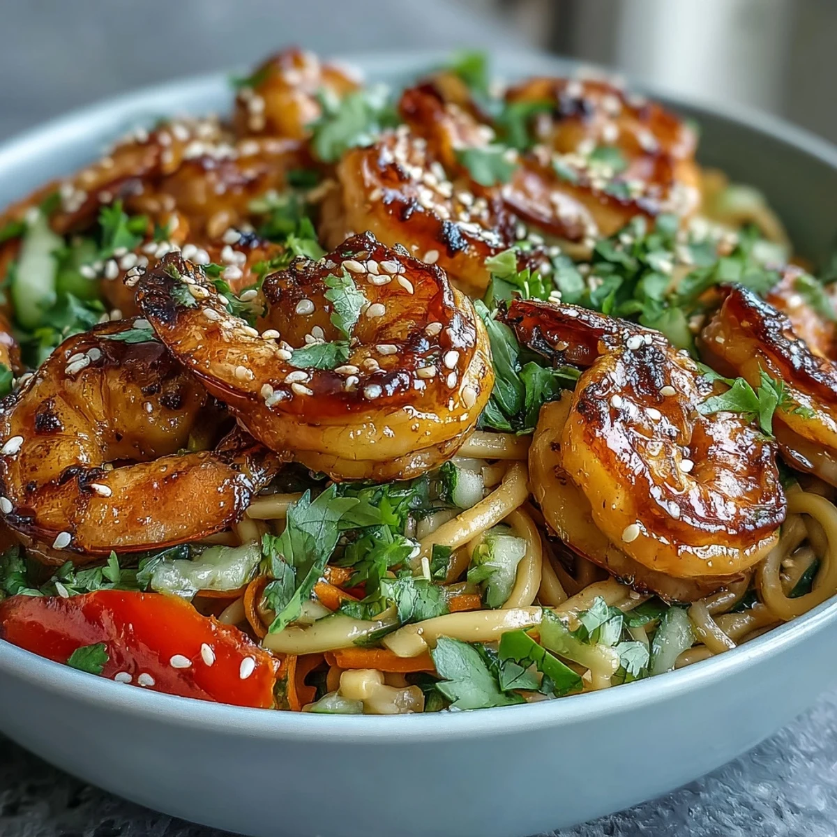 Juicy grilled shrimp rest on glistening sesame noodles, topped with crunchy veggies for the 15-Minute Asian Noodle Bowl With Grilled Shrimp.