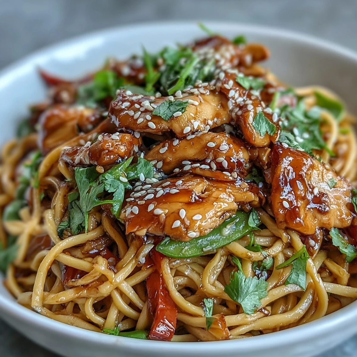Close-up of a vibrant Sesame Chicken Noodle Bowl with tender chicken and crisp vegetables.