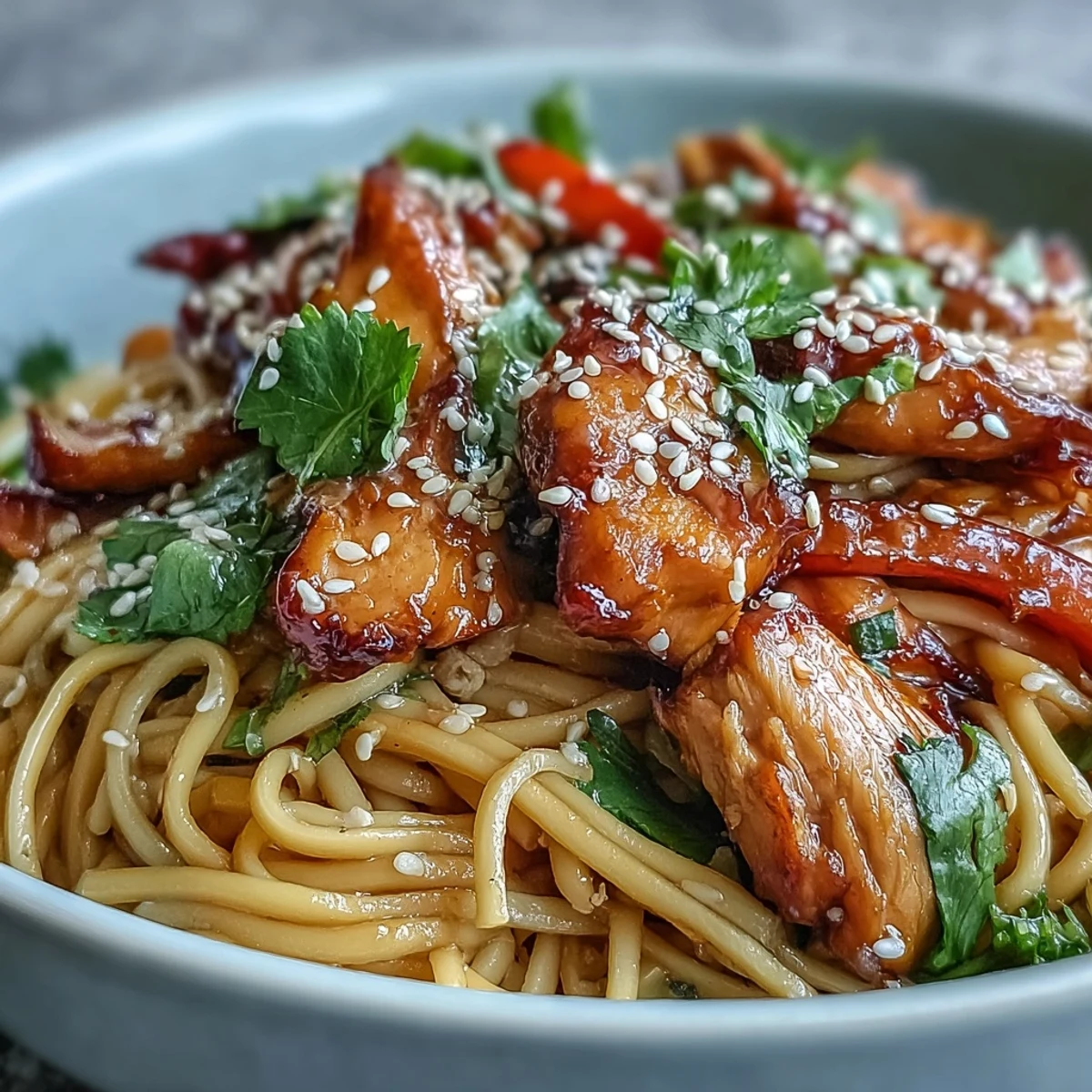 Sesame Chicken Noodle Bowl served in a white bowl with chopsticks nearby.