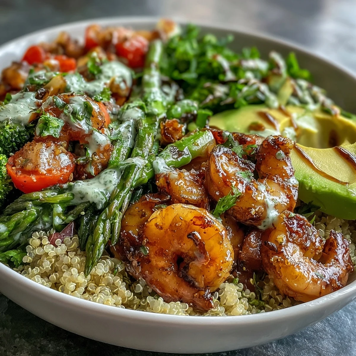 A close-up of the Rainbow Vegetable Detox Bowl shows juicy shrimp, creamy avocado, and vibrant red cabbage on fluffy quinoa, drizzled with tangy balsamic dressing.