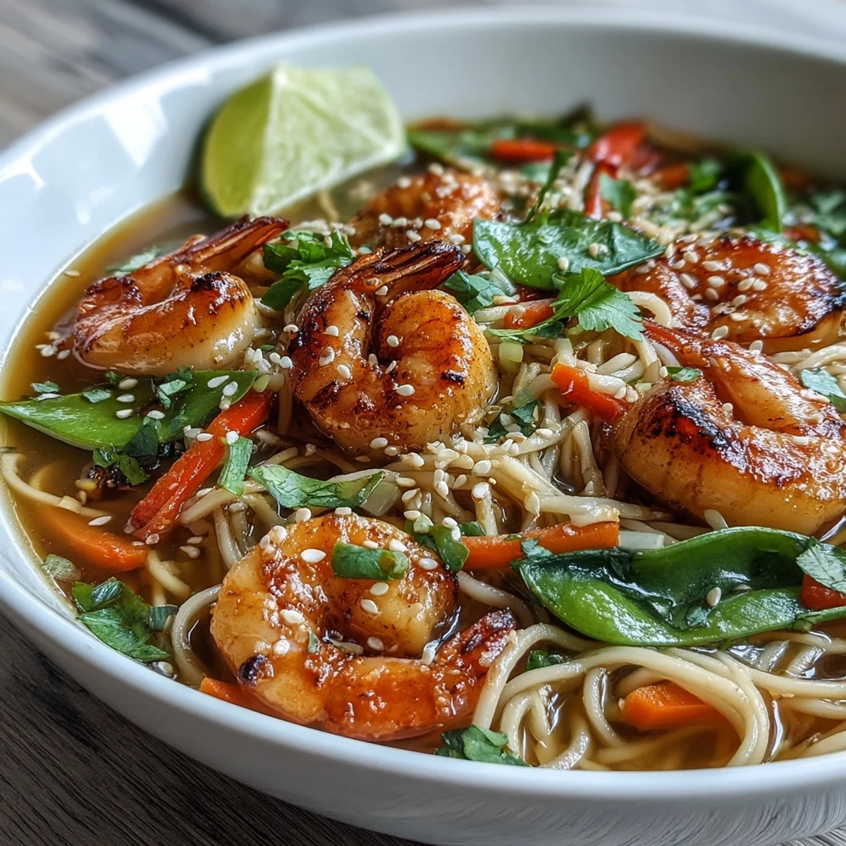Tender shrimp and seared scallops rest atop crisp snow peas and carrots in this aromatic, Asian-inspired noodle soup.