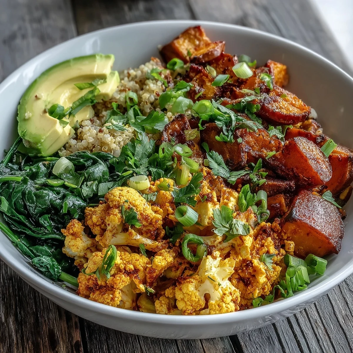 Vibrant Tofu Scramble Vegan Breakfast Bowl topped with creamy avocado slices and fresh green onions on a rustic plate.