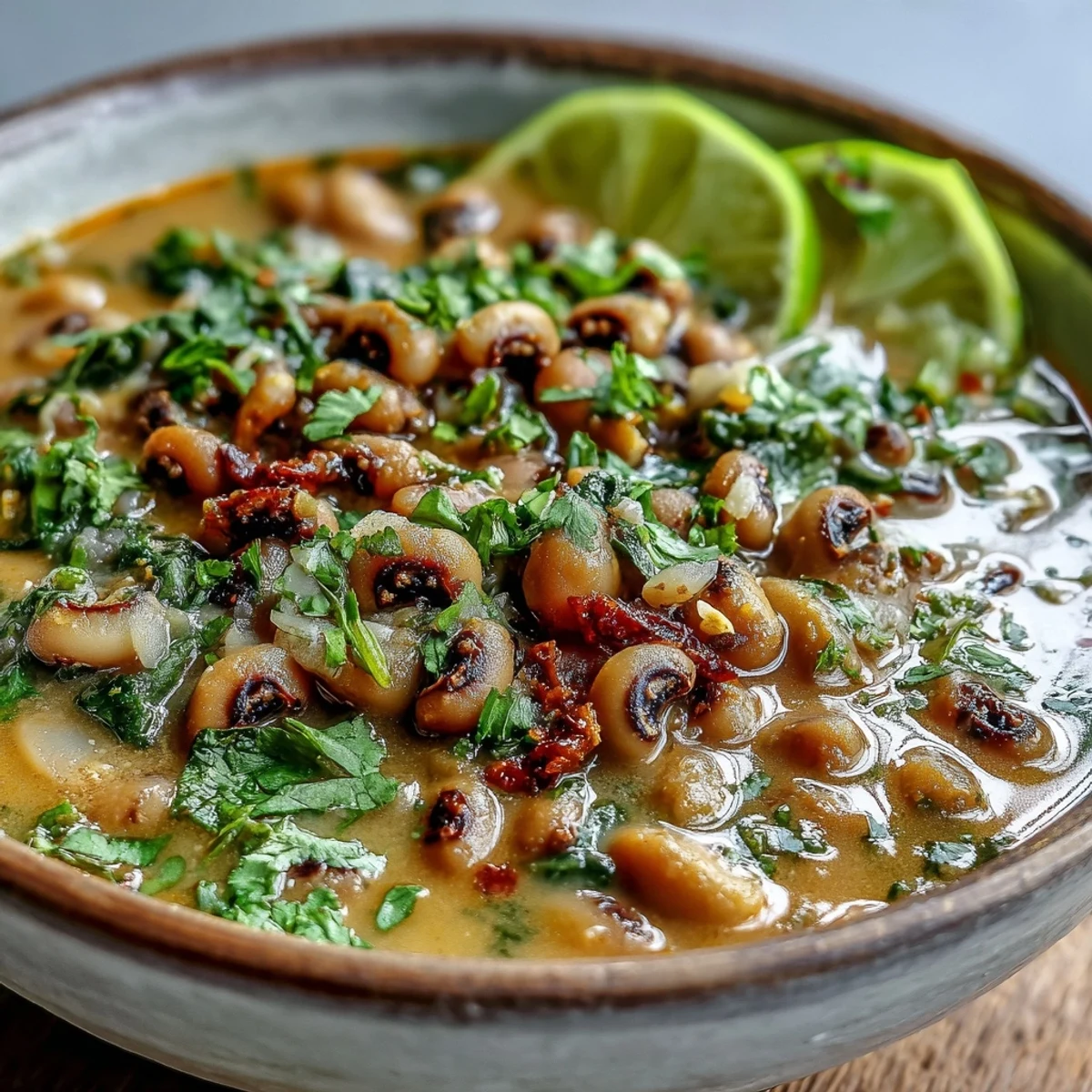 Spicy Black-Eyed Pea Curry topped with fresh cilantro, paired with warm naan bread.