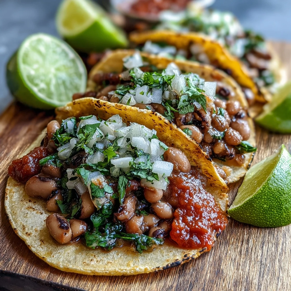 Seasoned black-eyed pea filling mash in warm tortillas topped with fresh cilantro and diced onion for Black-Eyed Pea Tacos.