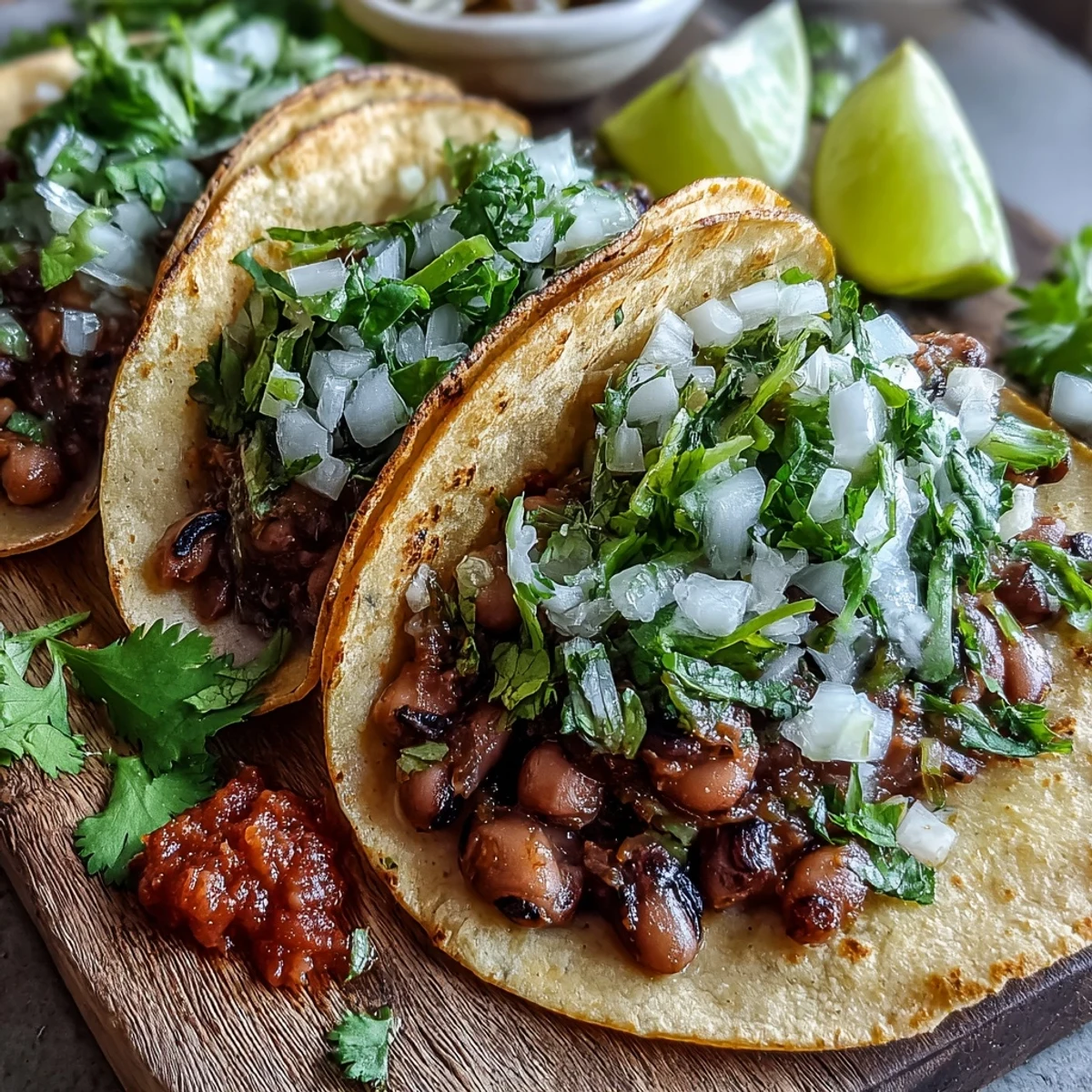 Warm corn tortillas stuffed with savory black-eyed pea mash, topped with fresh salsa and lime for Black-Eyed Pea Tacos.
