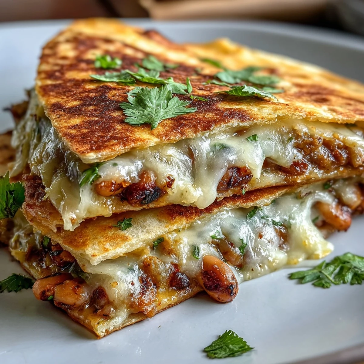 A skillet-fried Black-Eyed Pea Quesadilla with crispy tortillas, revealing a hearty filling of mashed black-eyed peas and melted cheddar.