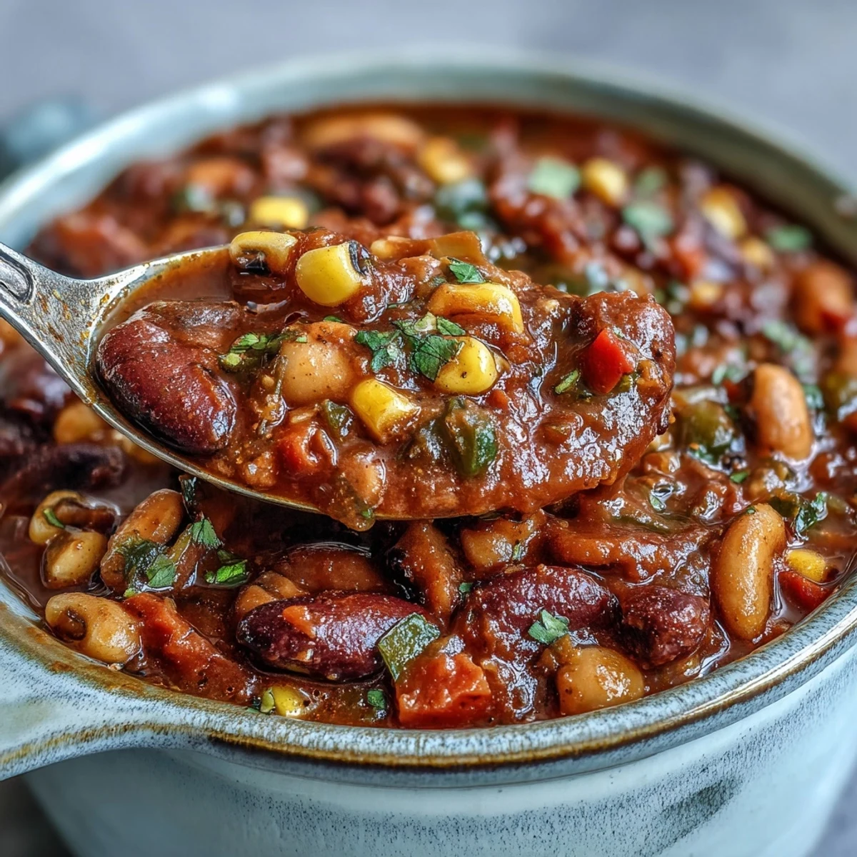 A hearty bowl of Black-Eyed Pea Chili topped with sour cream and fresh cilantro.