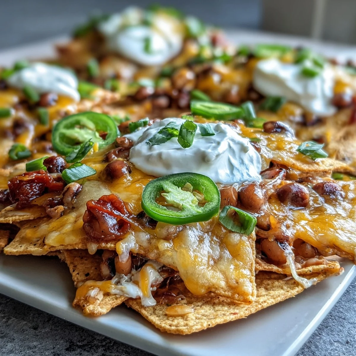 A skillet of Tex-Mex Black-Eyed Pea Nachos with avocado chunks, spicy peppers, and creamy sour cream, ready for a game day snack.