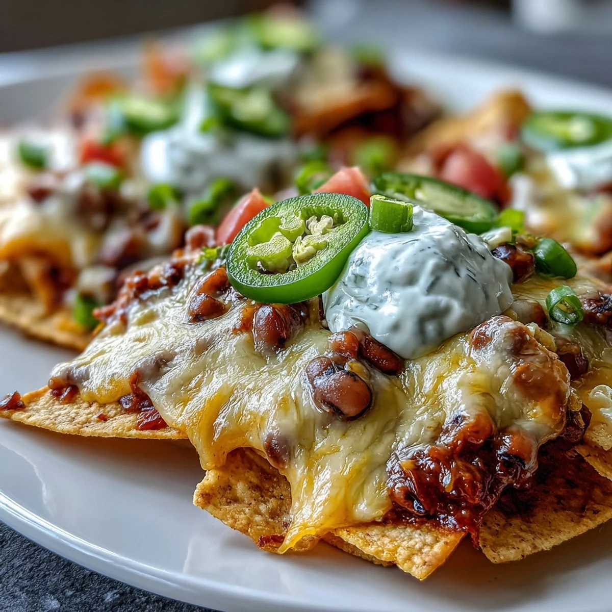A close-up of loaded Black-Eyed Pea Nachos with diced tomatoes, green onions, cilantro, and lime wedges for a zesty finish.