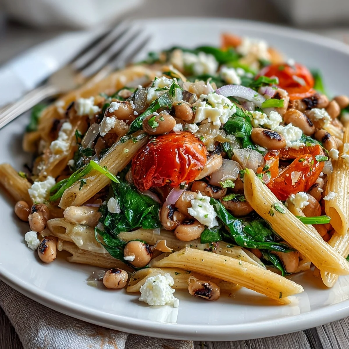 Steaming Black-Eyed Pea Pasta with red onion and garlic, ready to serve as a vegetarian dinner.