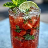 A refreshing watermelon mint vodka spritz mocktail with vibrant pink color and fresh mint garnish, served over ice in tall glasses for a cooling summer beverage.