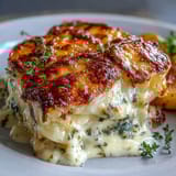 Silky scalloped potatoes with Gruyere, featuring bubbling cheese and aromatic thyme—a luxurious side dish for holiday feasts and family gatherings.  