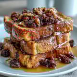 Classic Capirotada dessert with toasted bread, golden raisins, and melty cheese, baked in rich cinnamon-piloncillo syrup.  