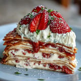 This Mother's Day Crêpe Cake features creamy strawberry filling between delicate, golden crepes.