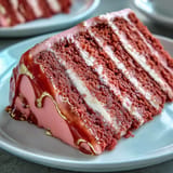 Delicate pink rosé velvet cake layered with luscious cream cheese frosting awaiting guests.