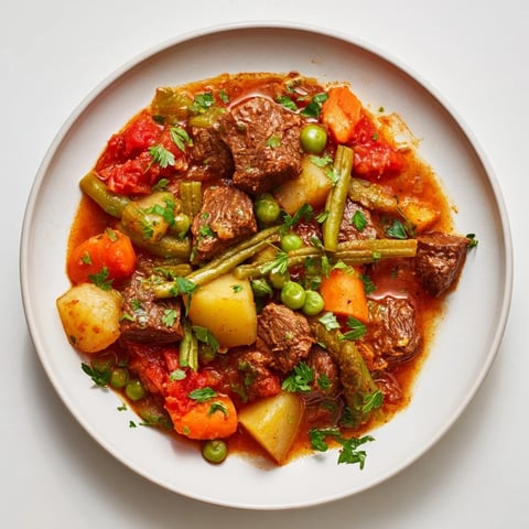 Tender chunks of beef and vegetables simmer in this pressure cooker beef and vegetable stew.