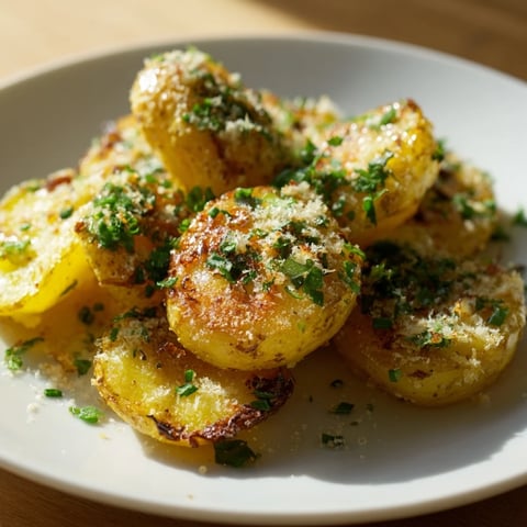 Golden, crispy Parmesan smashed potatoes, a flavorful side dish with garlic and herbs.
