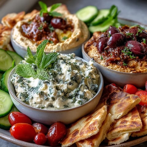 Mediterranean Brunch Board with Dips and Flatbreads, featuring creamy hummus, baba ganoush, and tzatziki garnished with fresh herbs.