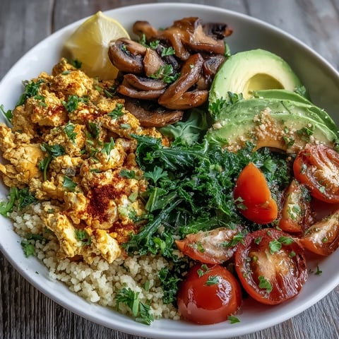 Golden scrambled tofu, sautéed mushrooms, and kale served over fluffy whole wheat couscous with fresh avocado and lemon.
