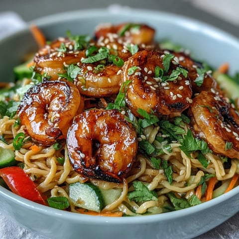 15-Minute Asian Noodle Bowl With Grilled Shrimp is presented in a white bowl with colorful vegetables and lime wedges.