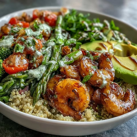 A close-up of the Rainbow Vegetable Detox Bowl shows juicy shrimp, creamy avocado, and vibrant red cabbage on fluffy quinoa, drizzled with tangy balsamic dressing.